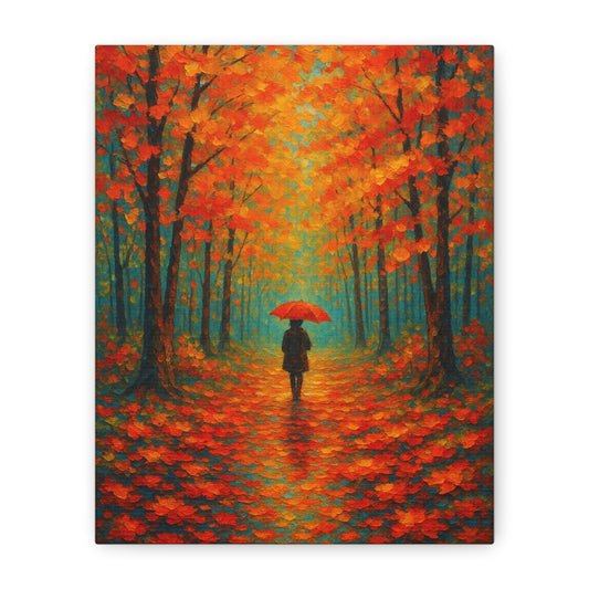 Autumn Forest Wall Art Print – Fall Leaves Pathway with Red Umbrella | Cozy Seasonal Landscape Decor