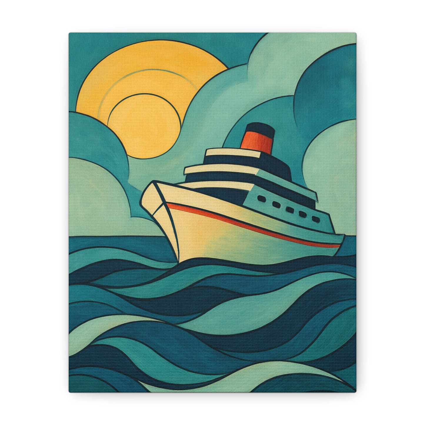Retro Cruise Ship Wall Art – Bold Ocean Waves and Sunset Canvas Print for Coastal or Nautical Decor
